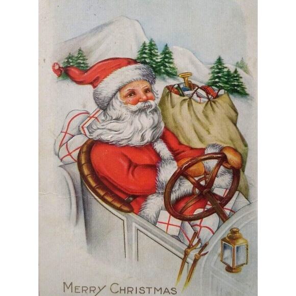 Santa Claus Driving Auto Car Postcard Christmas Snow Covered Mountains Whitney - Picture 1 of 3